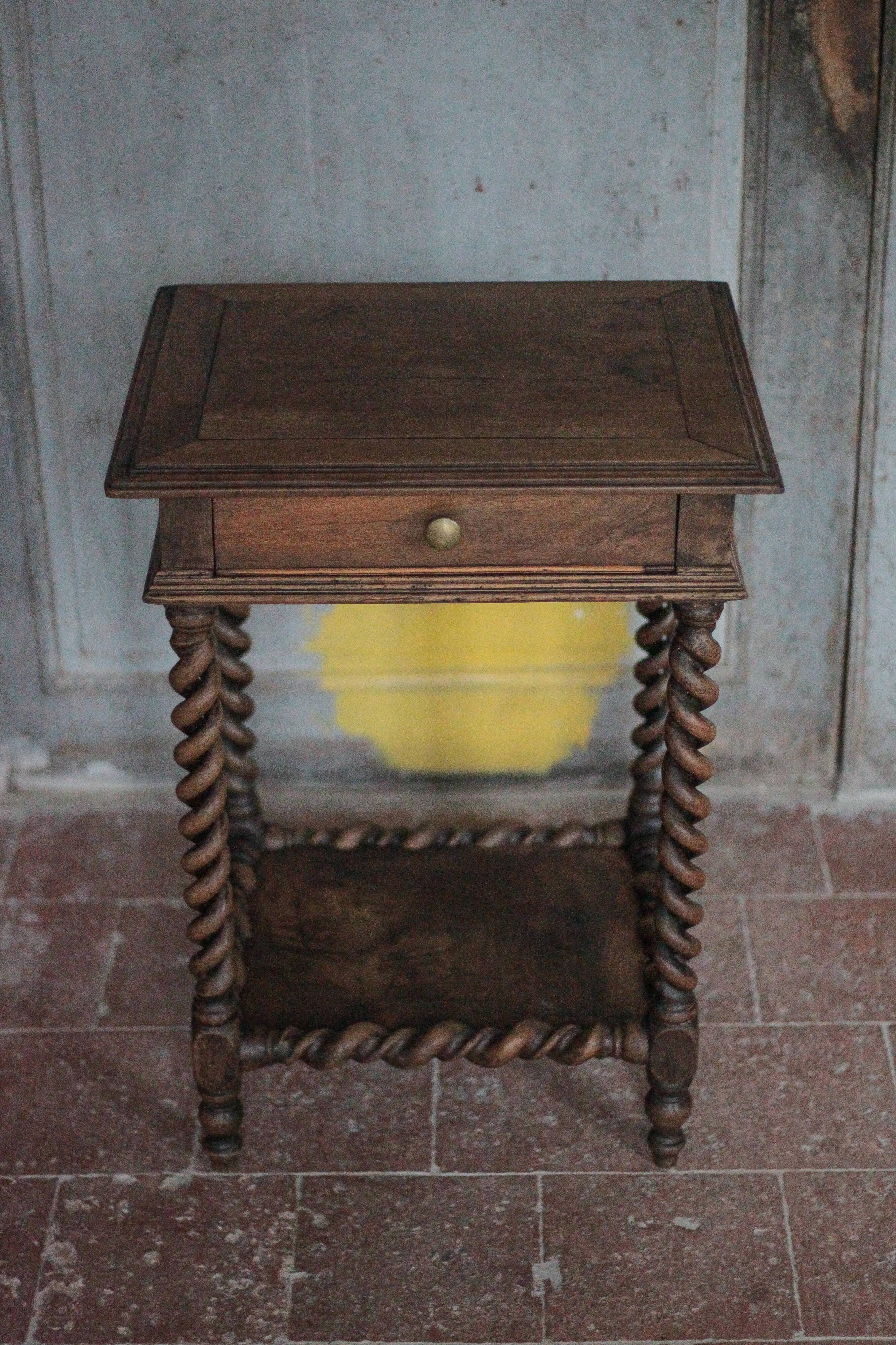 Antique turned wood bedside table with drawer, side table, nightstand