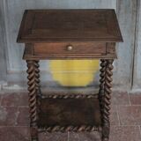 Antique turned wood bedside table with drawer, side table, nightstand