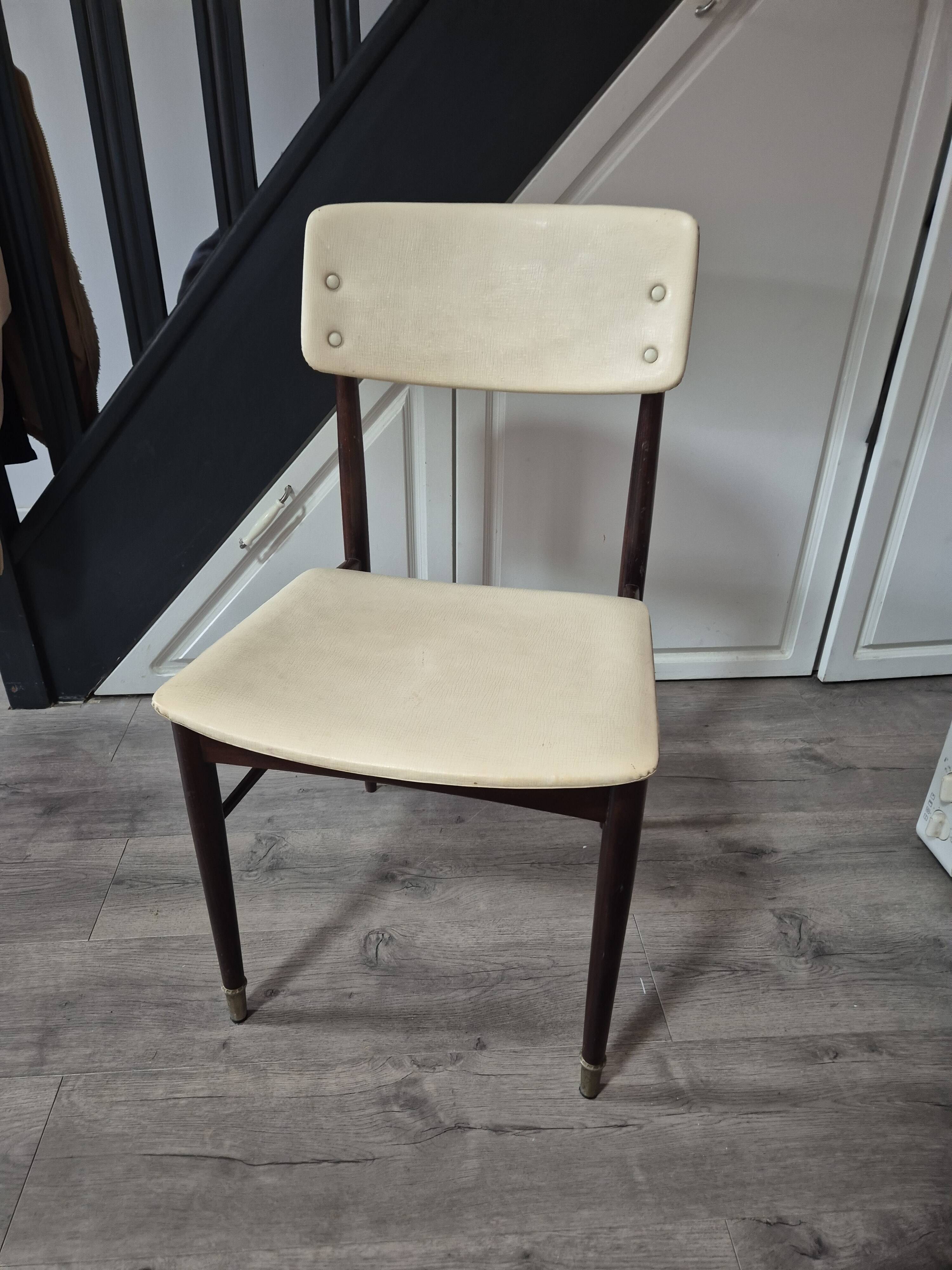 vintage chair wooden frame compass foot with metal on the front backrest and ecru leather seat