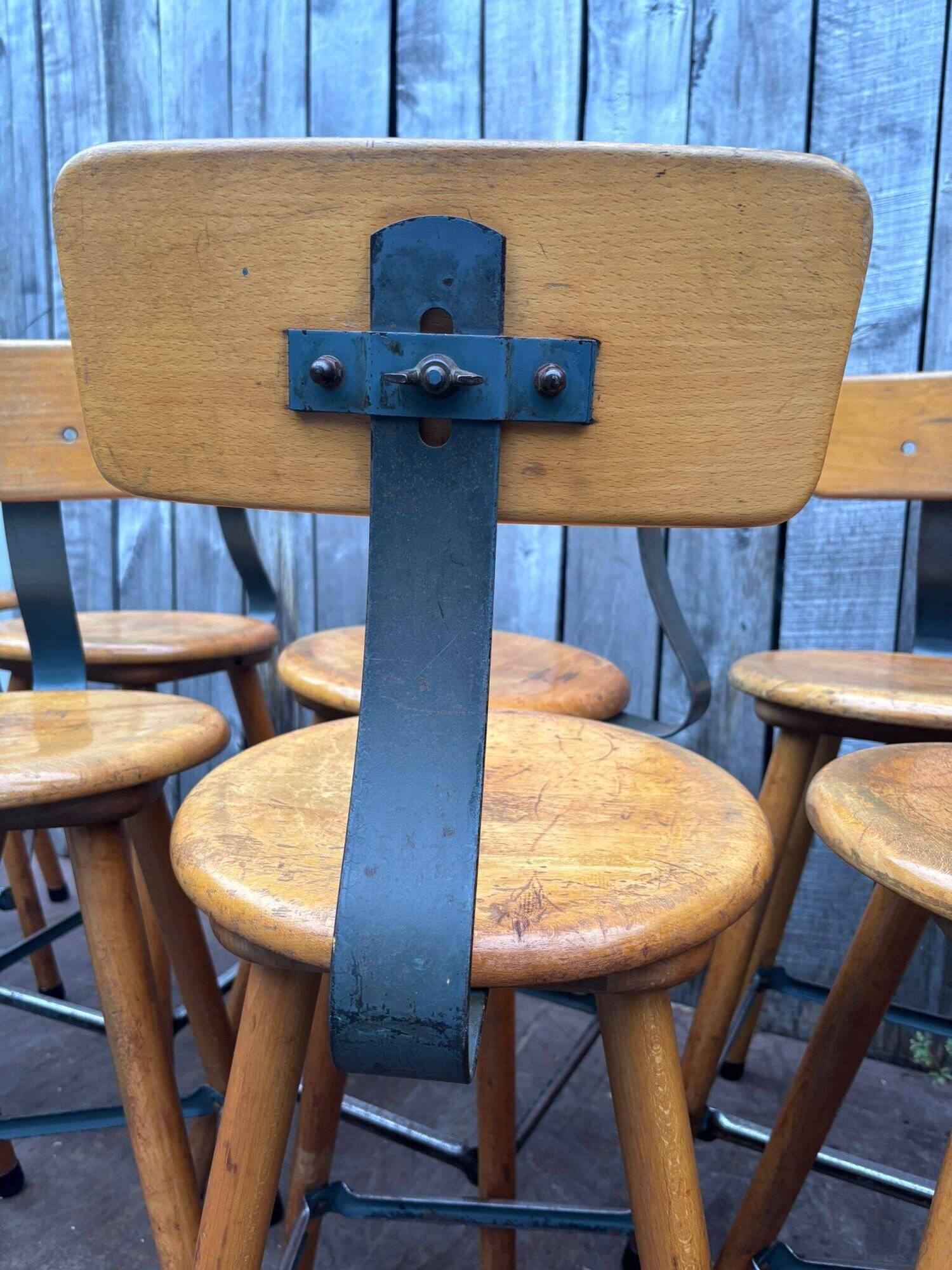 Vintage industrial workshop stool in wood, 1950s