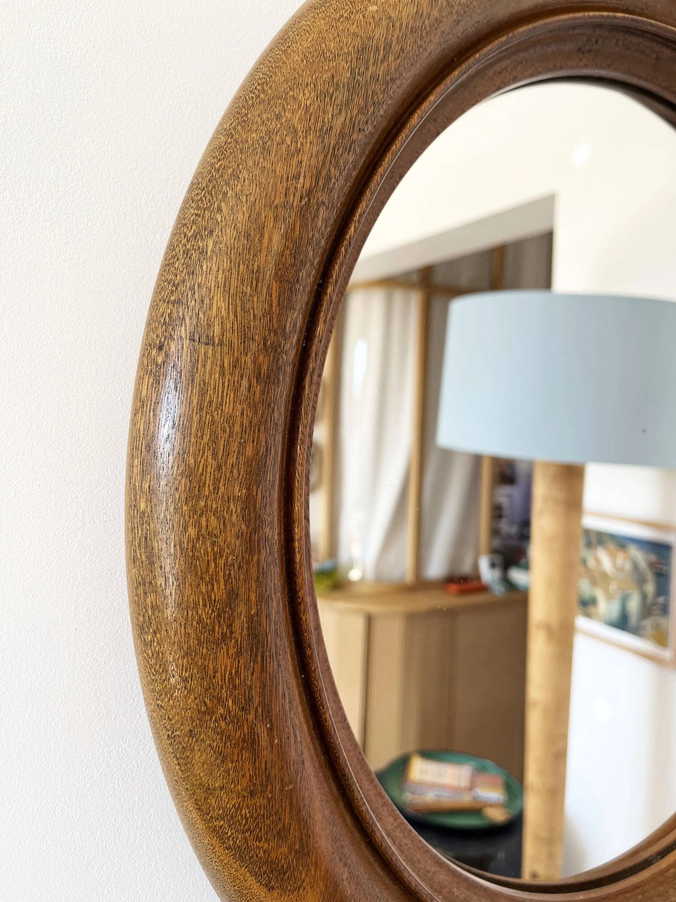 Large round antique solid wood mirror, 49cm