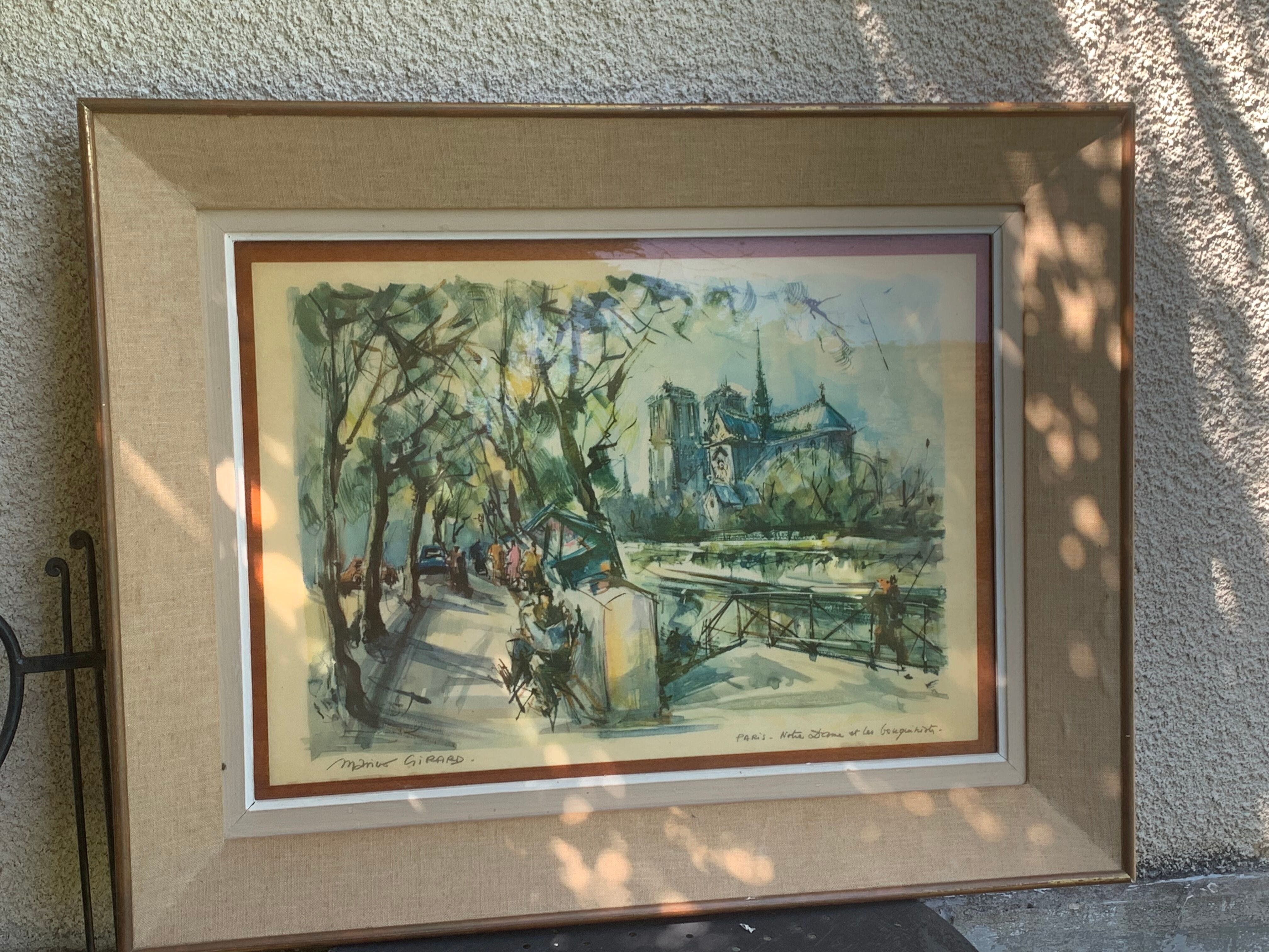 Lithograph notre dame et les bouquinistes signed by Marius Girard vintage