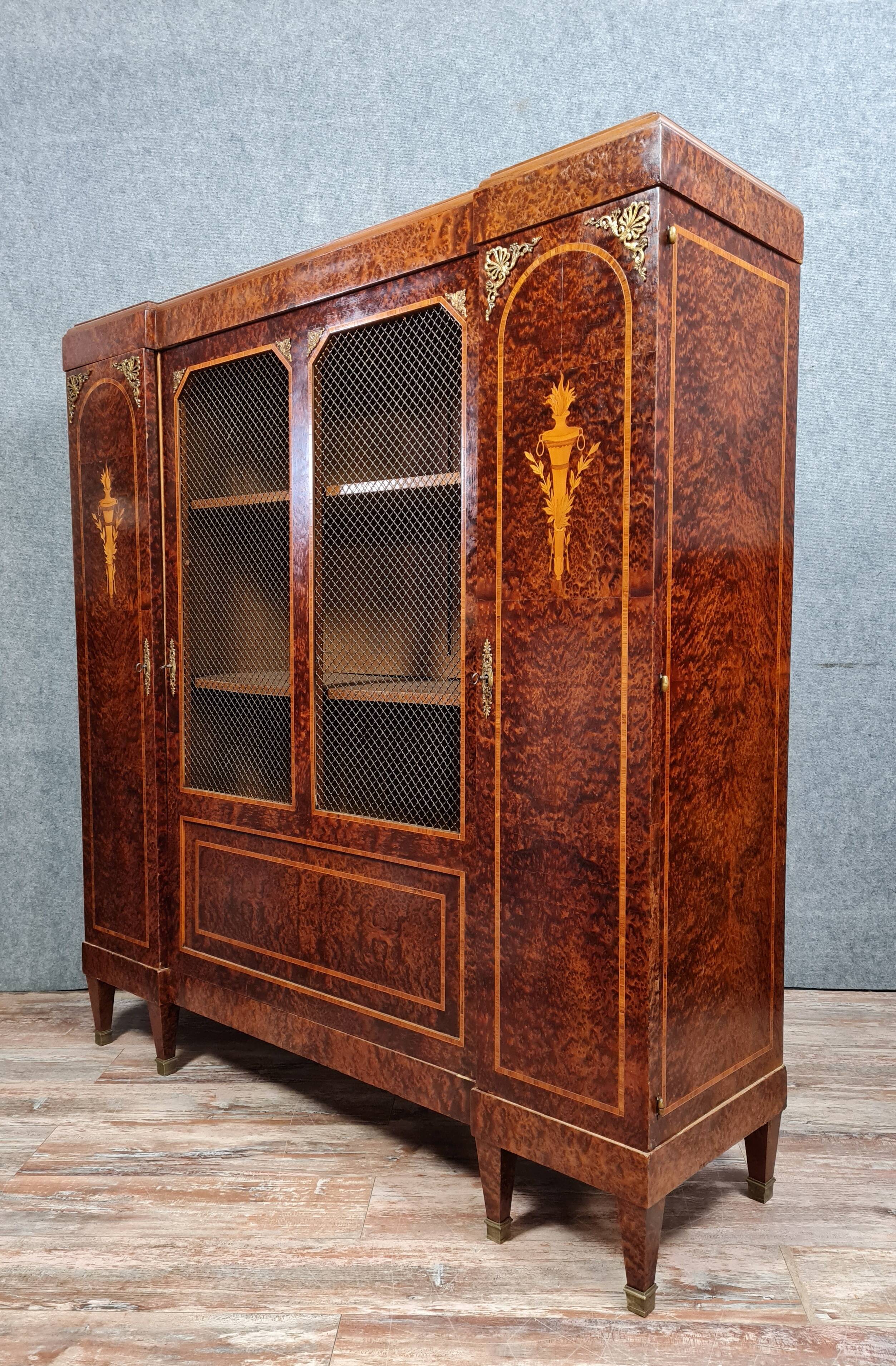 Louis XVI library in noble wood marquetry around 1850