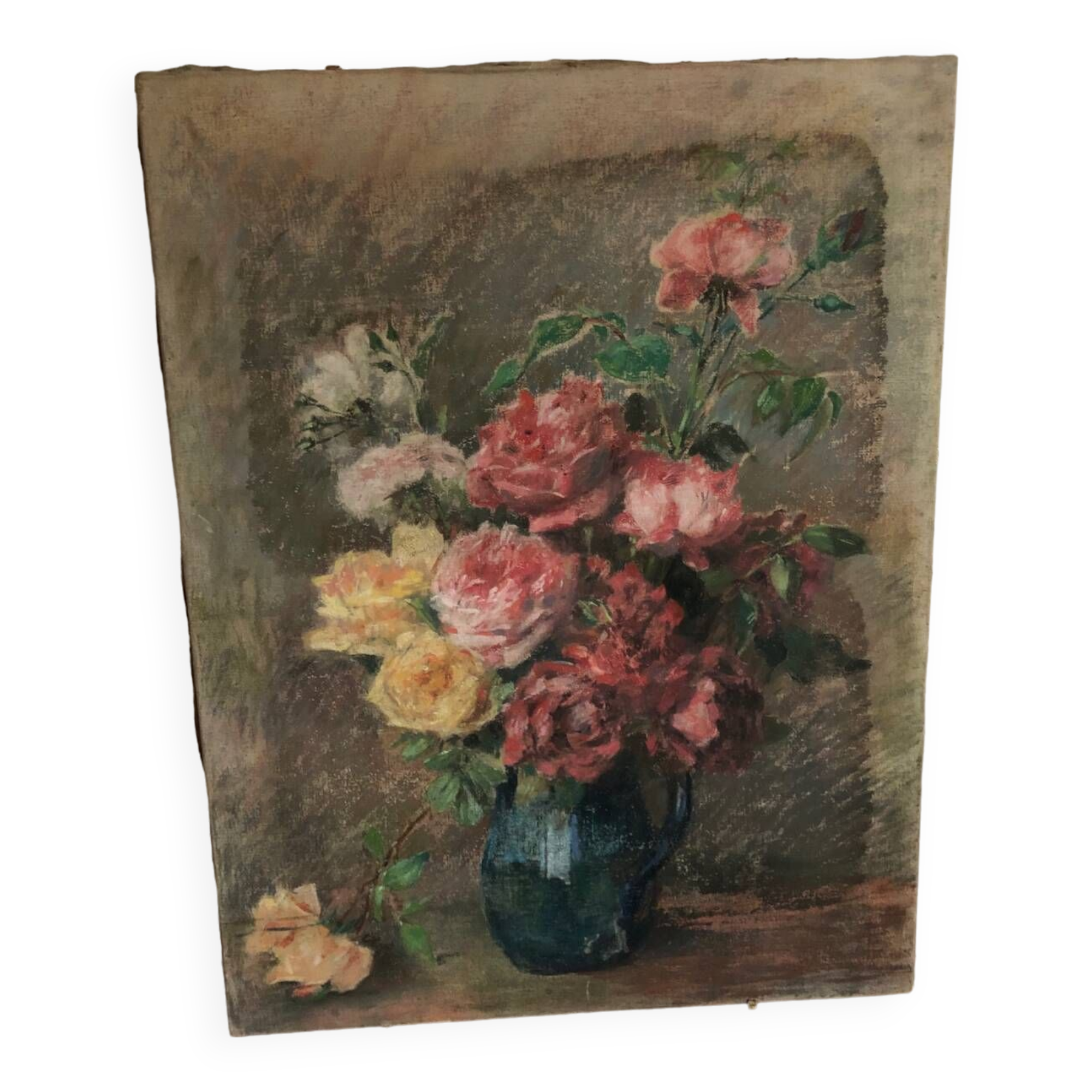 Oil on old canvas Bouquet of roses