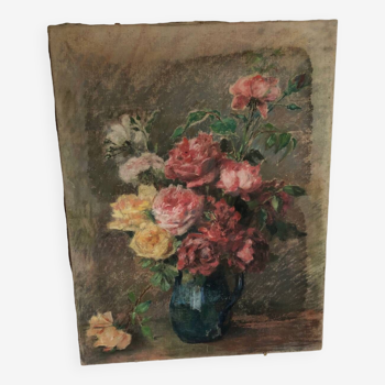 Huile sur toile ancienne Bouquet de roses