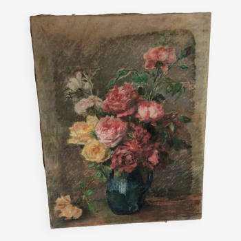 Oil on old canvas Bouquet of roses