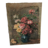 Oil on old canvas Bouquet of roses