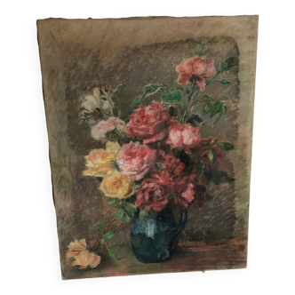 Huile sur toile ancienne Bouquet de roses