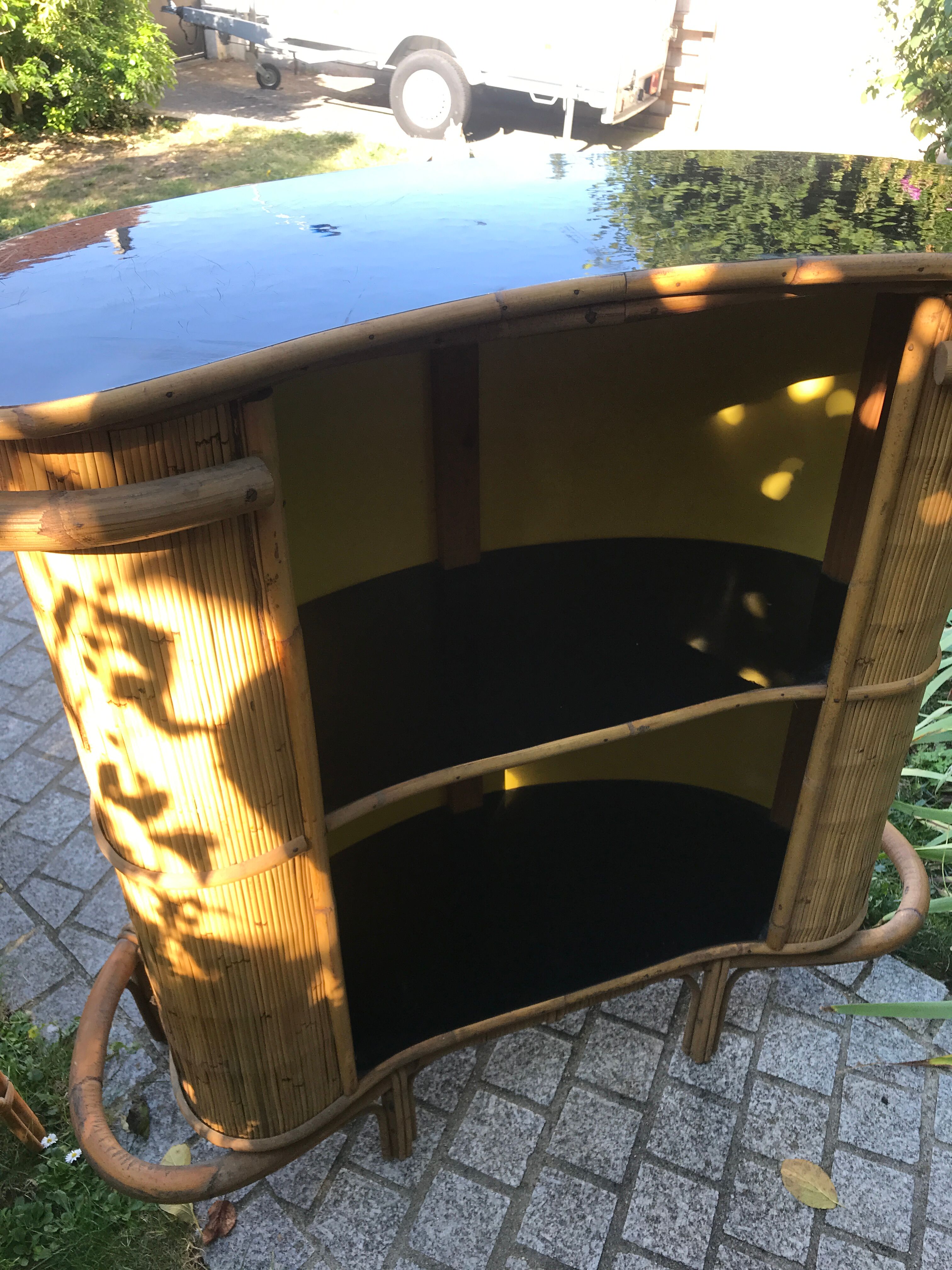 Rattan and bamboo bar & his 2 stools vintage 1950