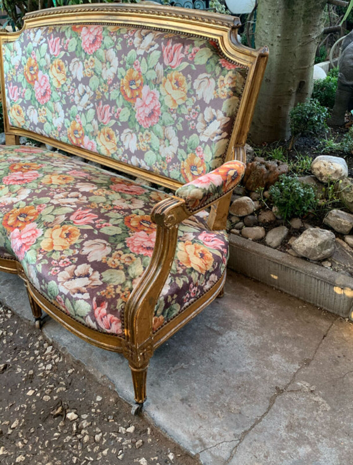 19th-century floral velvet bench