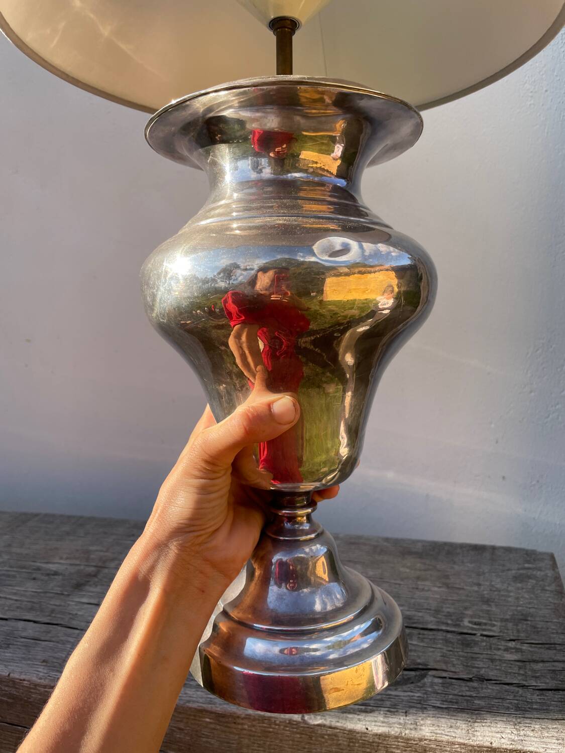 Large silver metal lamp with classic baluster o