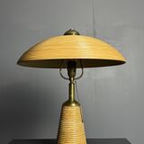 Lampe de table en rotin, bambou et laiton, Italie années 1970