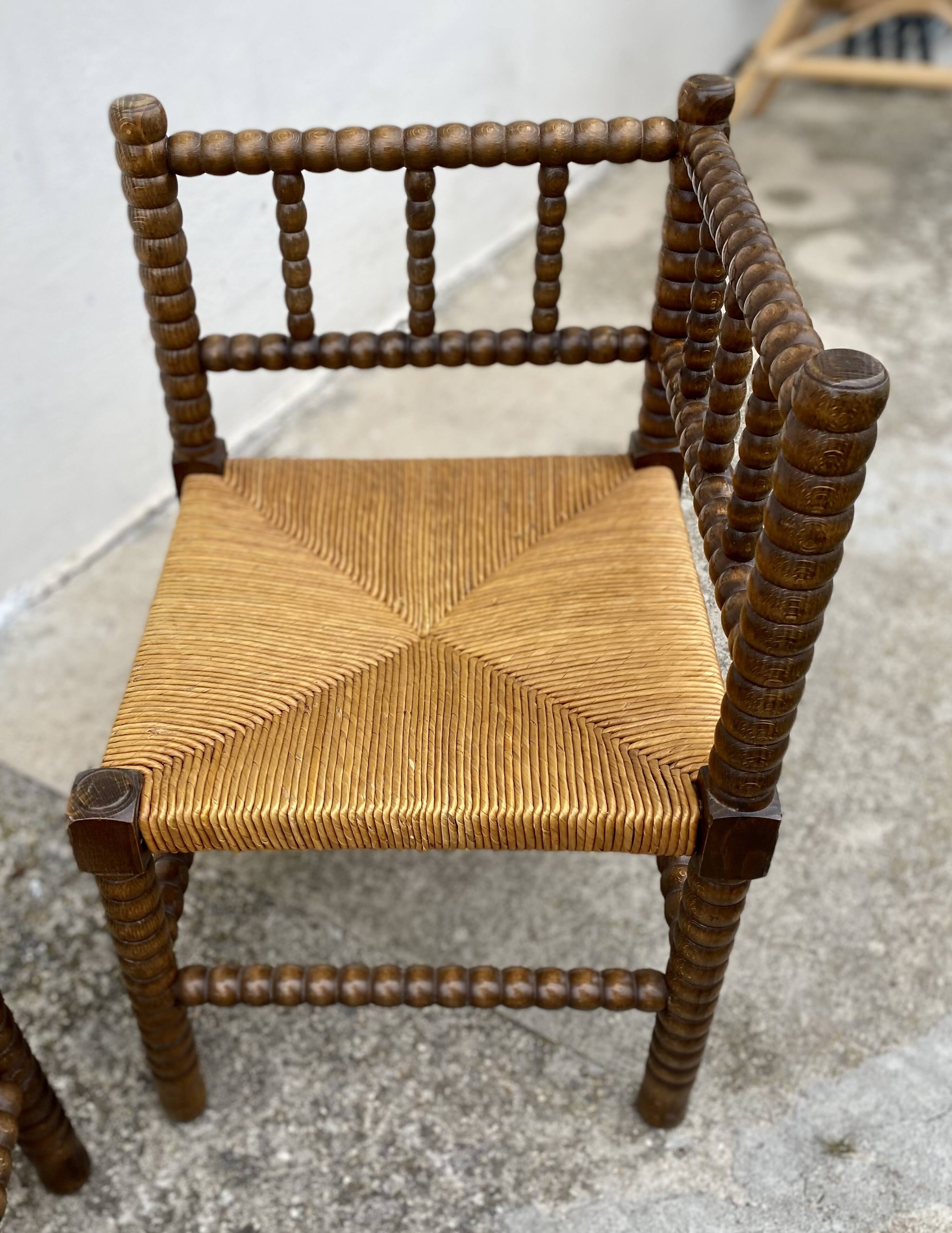 Pair of turned wood straw corner armchairs, Vintage 1950s