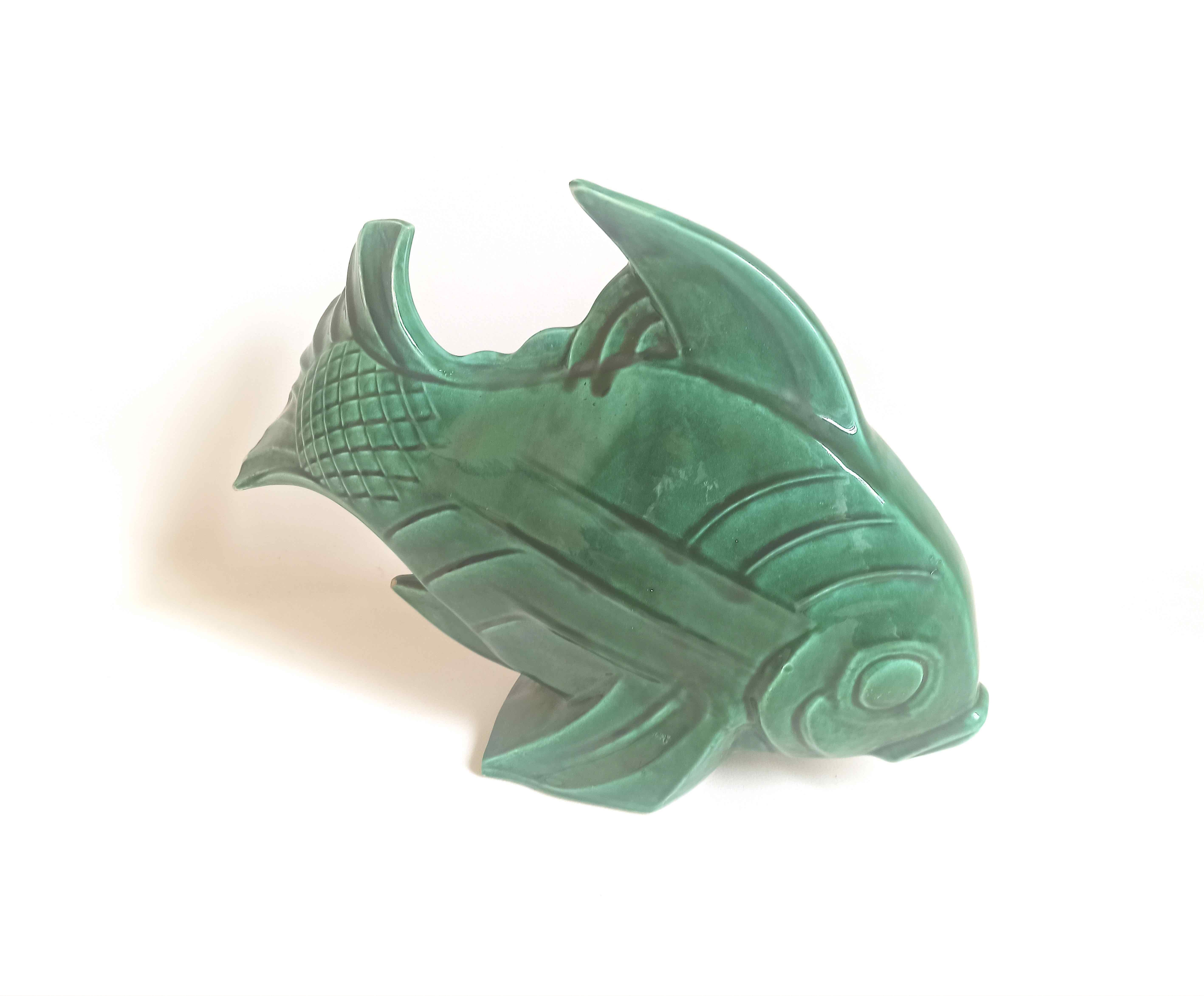 Green ceramic fish lejan art deco width 40 cm