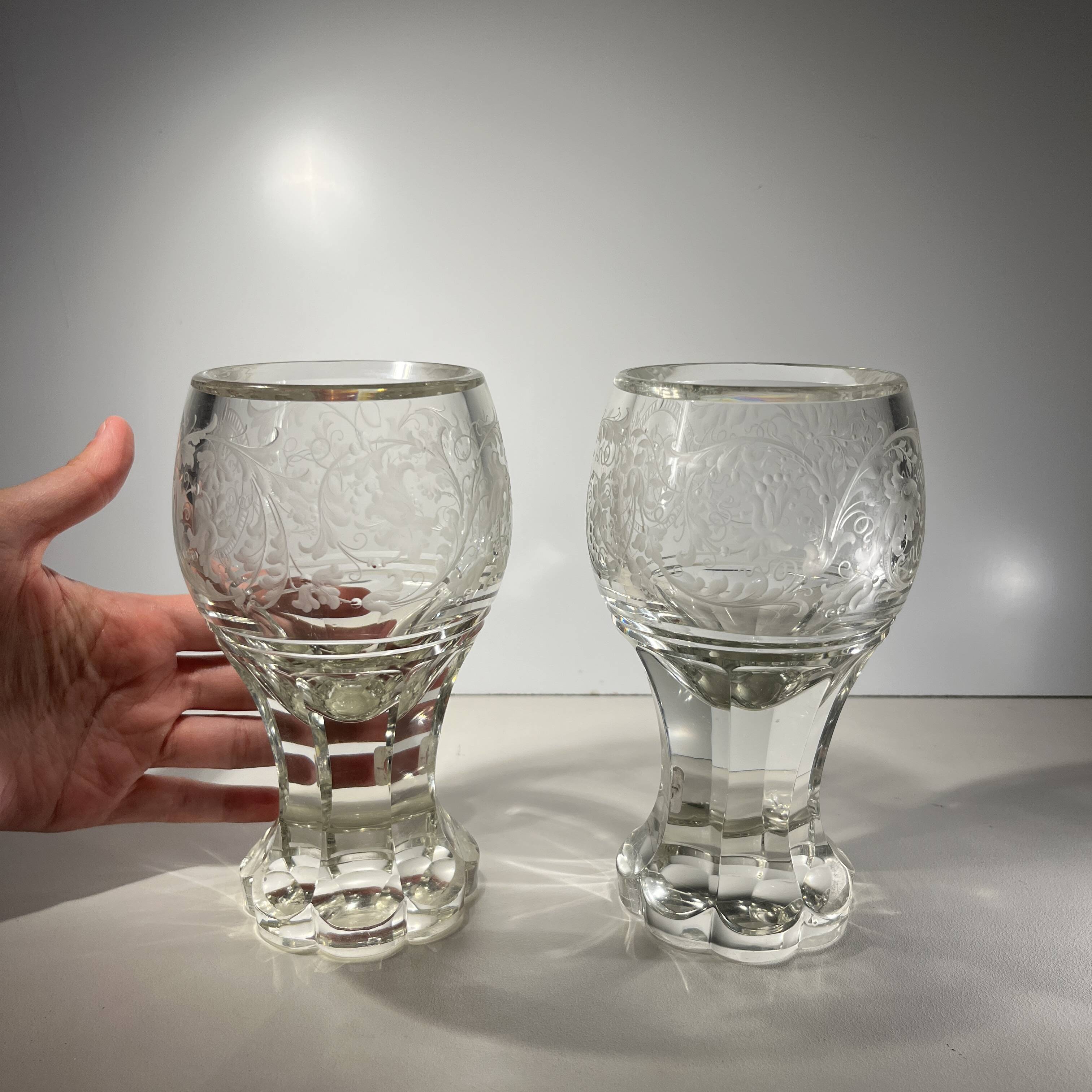 Pair of stemmed glasses in thick crystal, Bohemian, circa 1900
