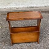 English magazine holder in wood and brown leather