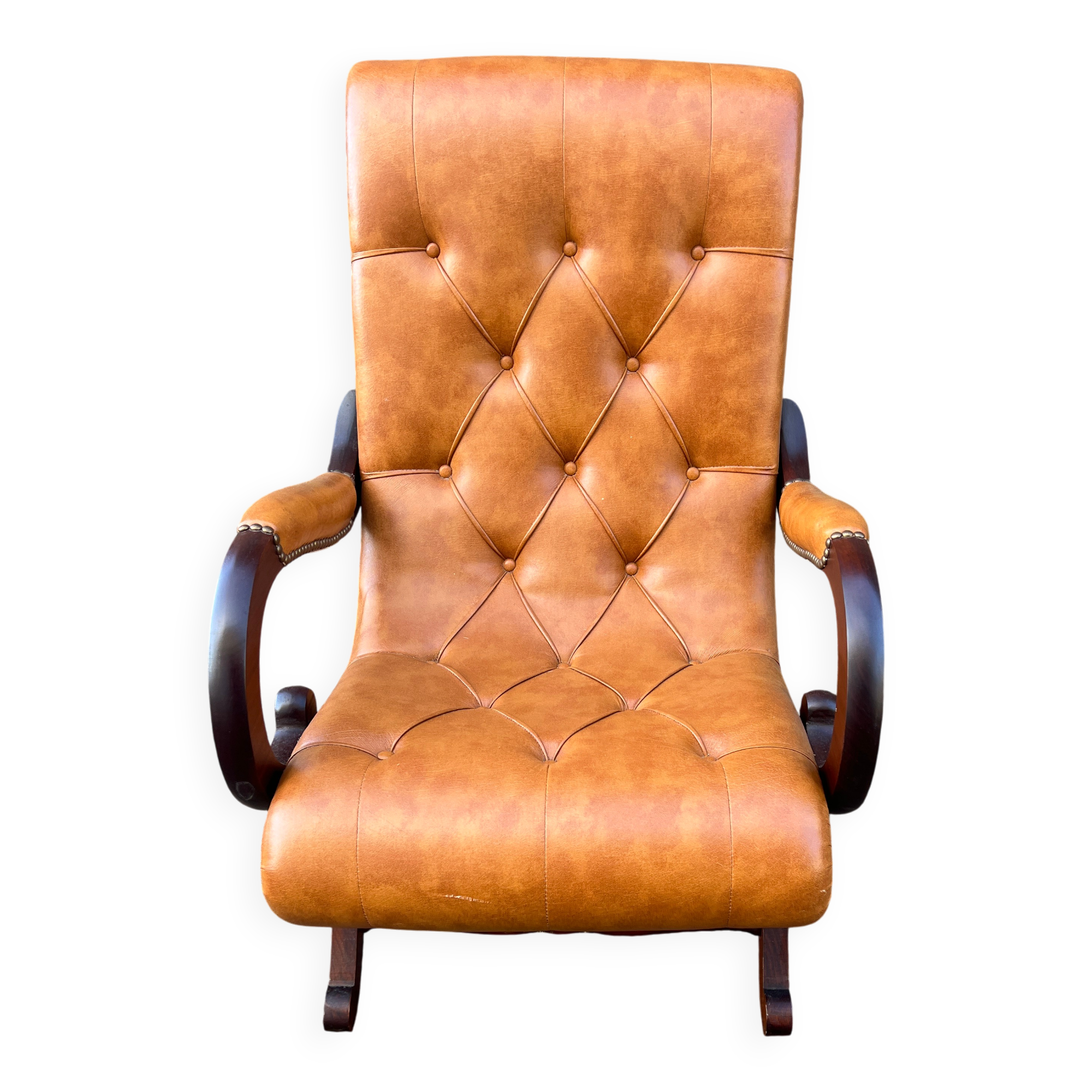 Chesterfield leather slipper chair with mahogany