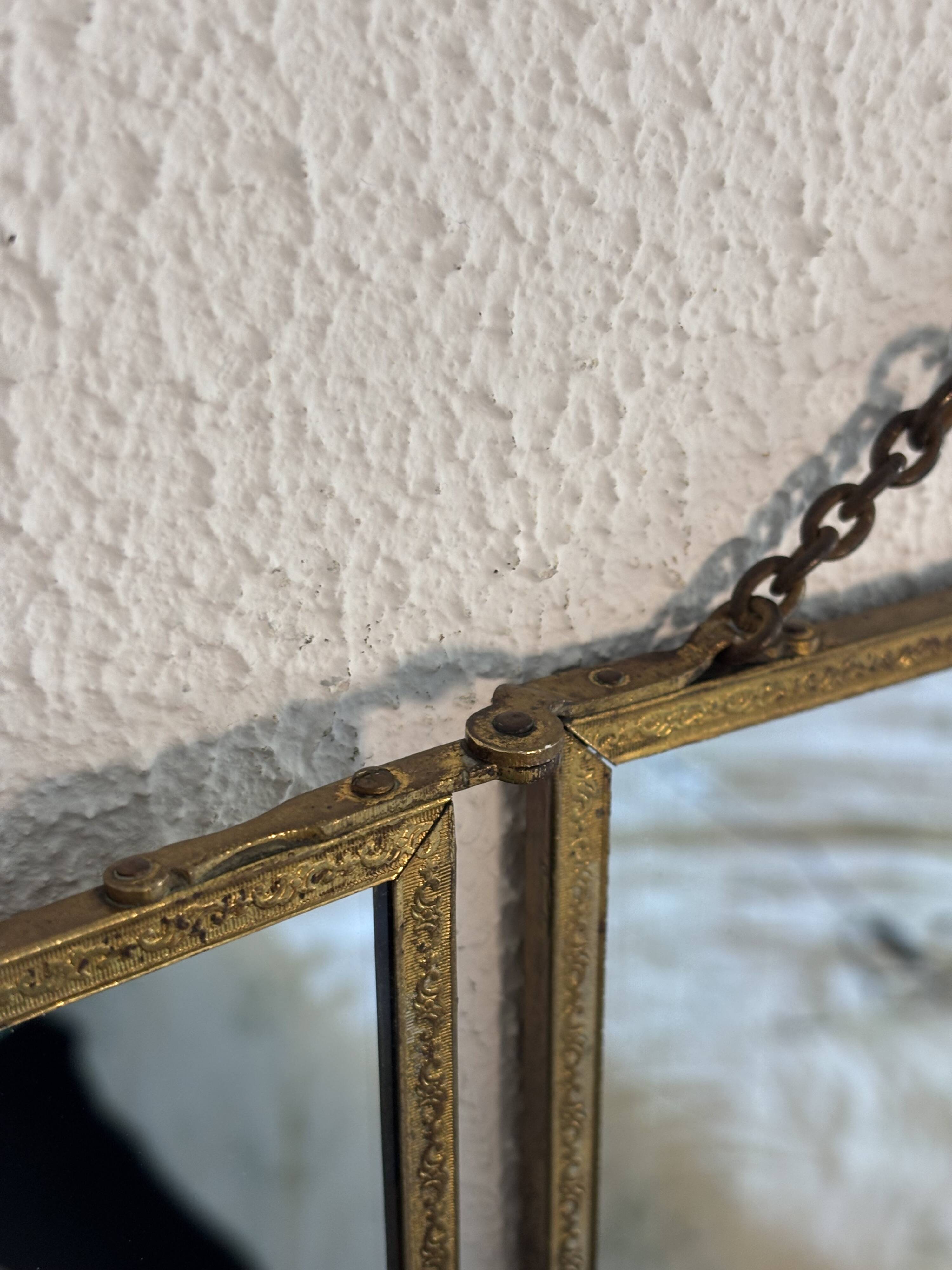 Vintage 1900s triptych barber mirror JB gilt burgundy - 30 x 67 cm