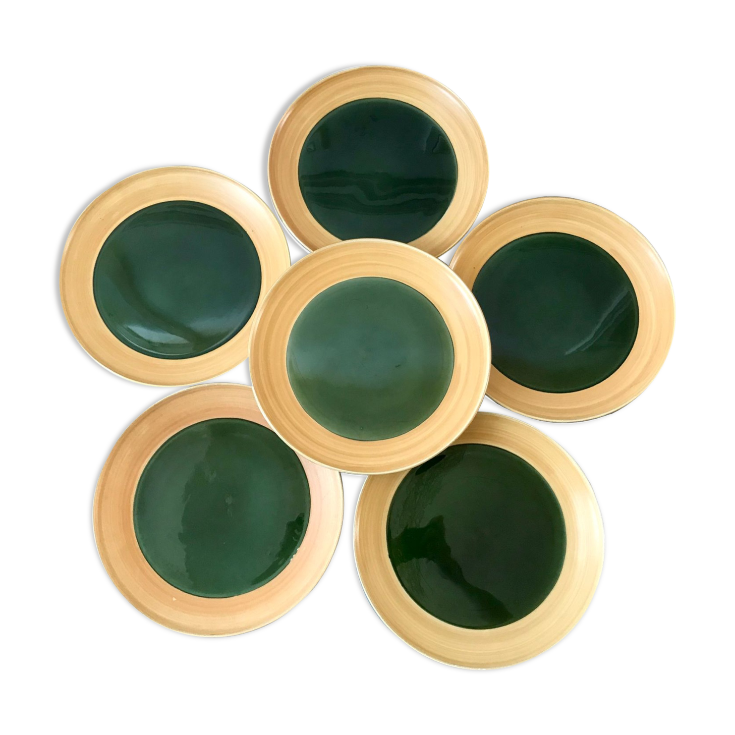 Set of 6 flat plates in green enamel ceramic salins model "capvern" years 60-70