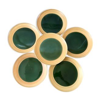 Set of 6 flat plates in green enamel ceramic salins model "capvern" years 60-70