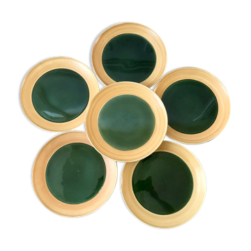 Set of 6 flat plates in green enamel ceramic salins model "capvern" years 60-70
