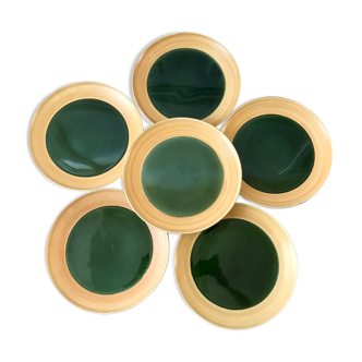 Lot de 6 assiettes plates en céramique émail vert salins modèle "capvern" années 60-70