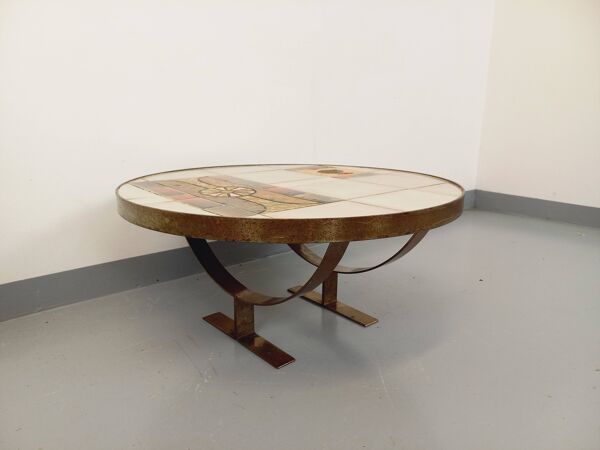 Table basse ronde vintage de Jean Gregorieff pour Roche Bobois des années 60 70 en céramique acier