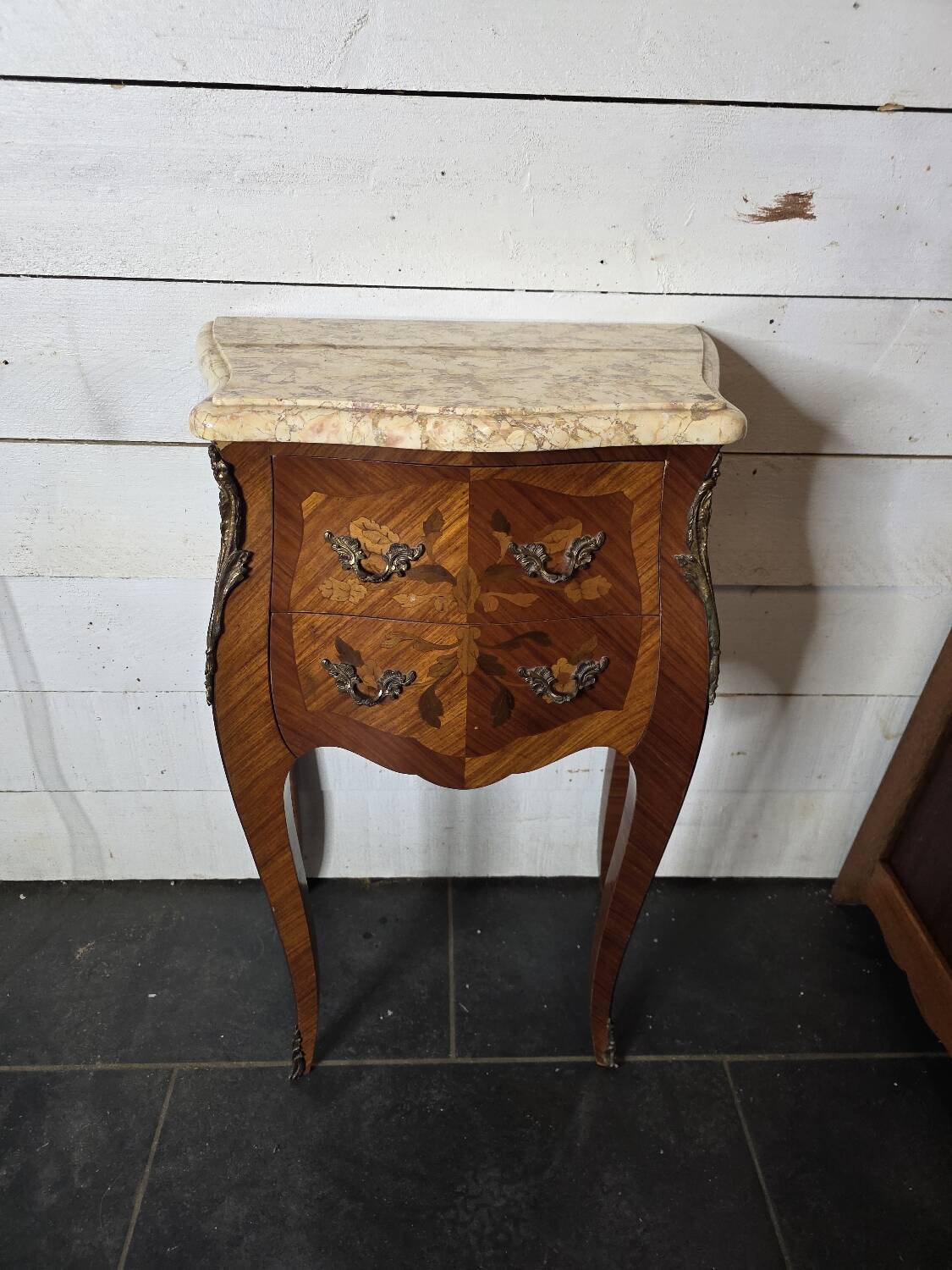 Louis XV style curved bedside table in marquetry