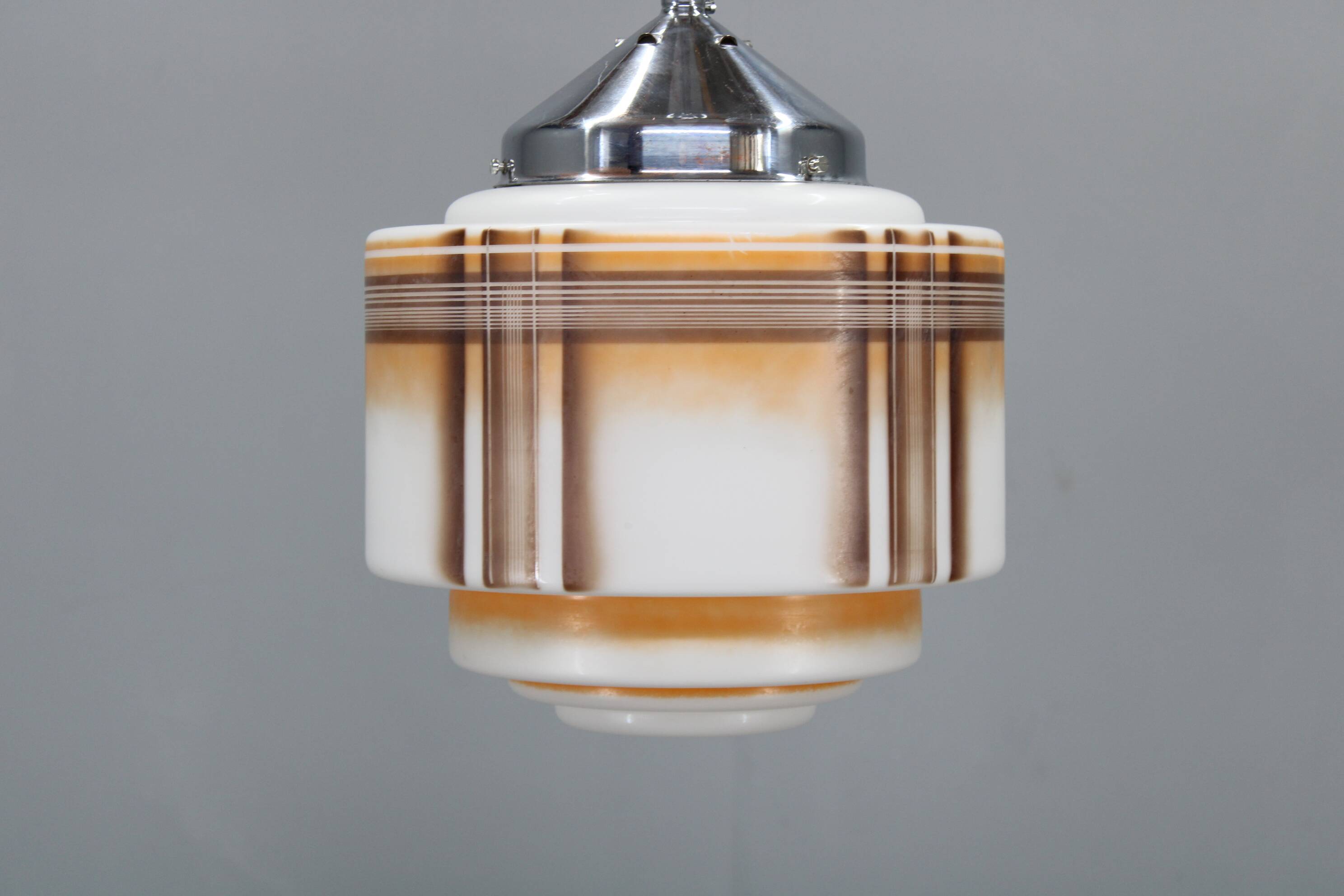 1930s Napako Art Deco pendant light in chrome and glass, restored, new wiring