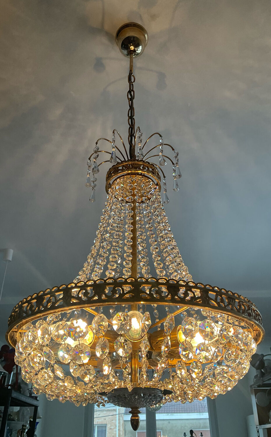 Bronze hot air balloon chandelier and crystal tassels
