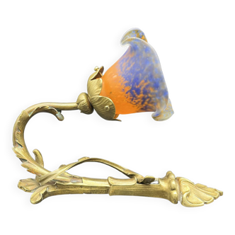 Art Nouveau bronze tulip wall lamp with marmoreal glass