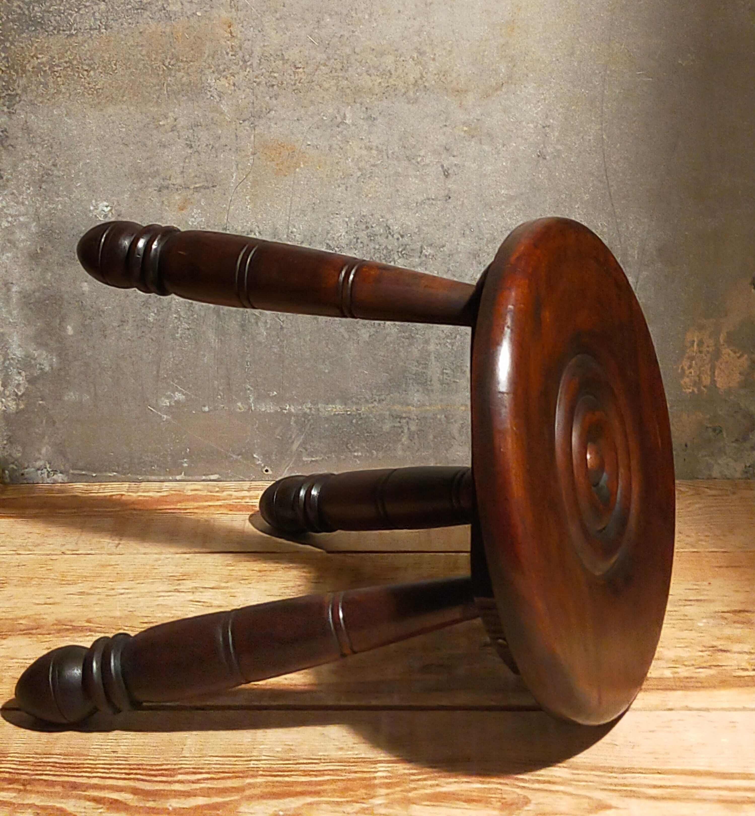 Tripod stool solid wood turned vintage