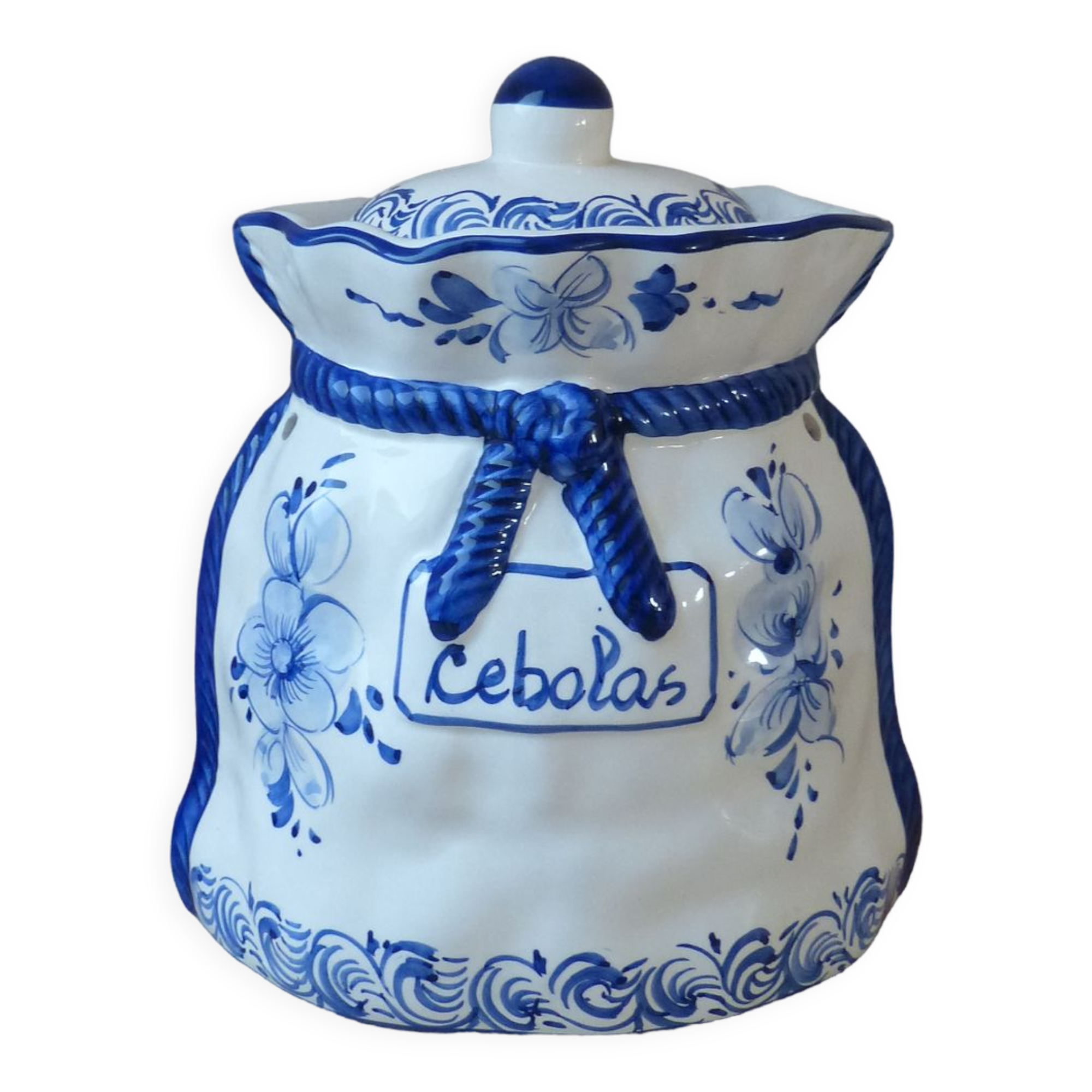 Ceramic onion pot made and hand painted pattern indigo blue flowers Portugal