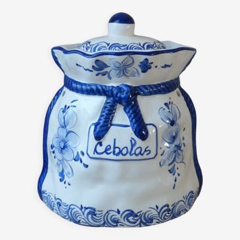Pot à oignons en céramique fait et peint à la main motif fleurs bleues indigo Portugal