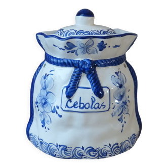 Ceramic onion pot made and hand painted pattern indigo blue flowers Portugal