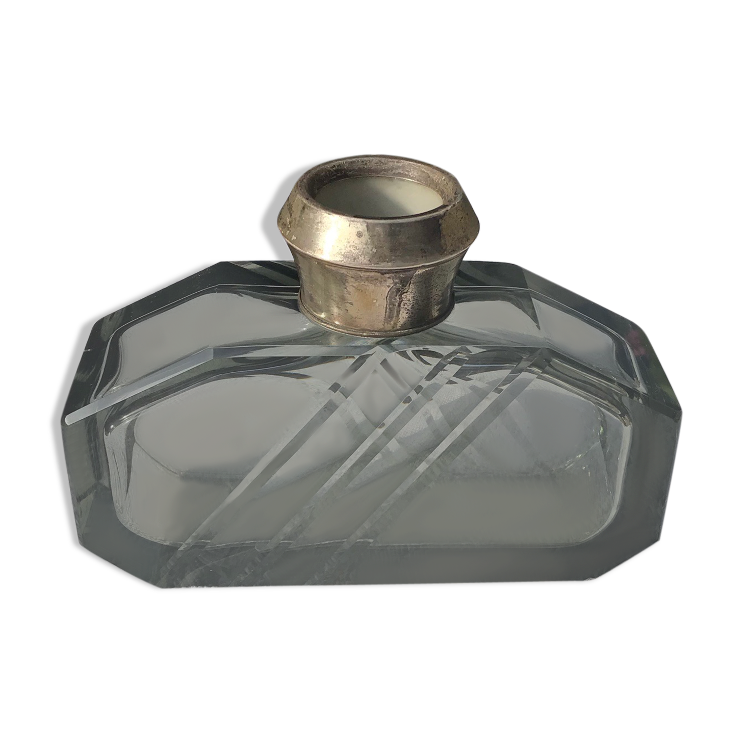 Art Deco smoked glass vase engraved silver metal collar