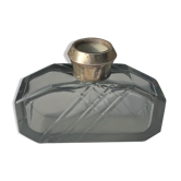 Art Deco smoked glass vase engraved silver metal collar