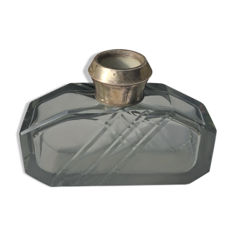 Vase verre fumé Art Deco décor gravé col en métal argente