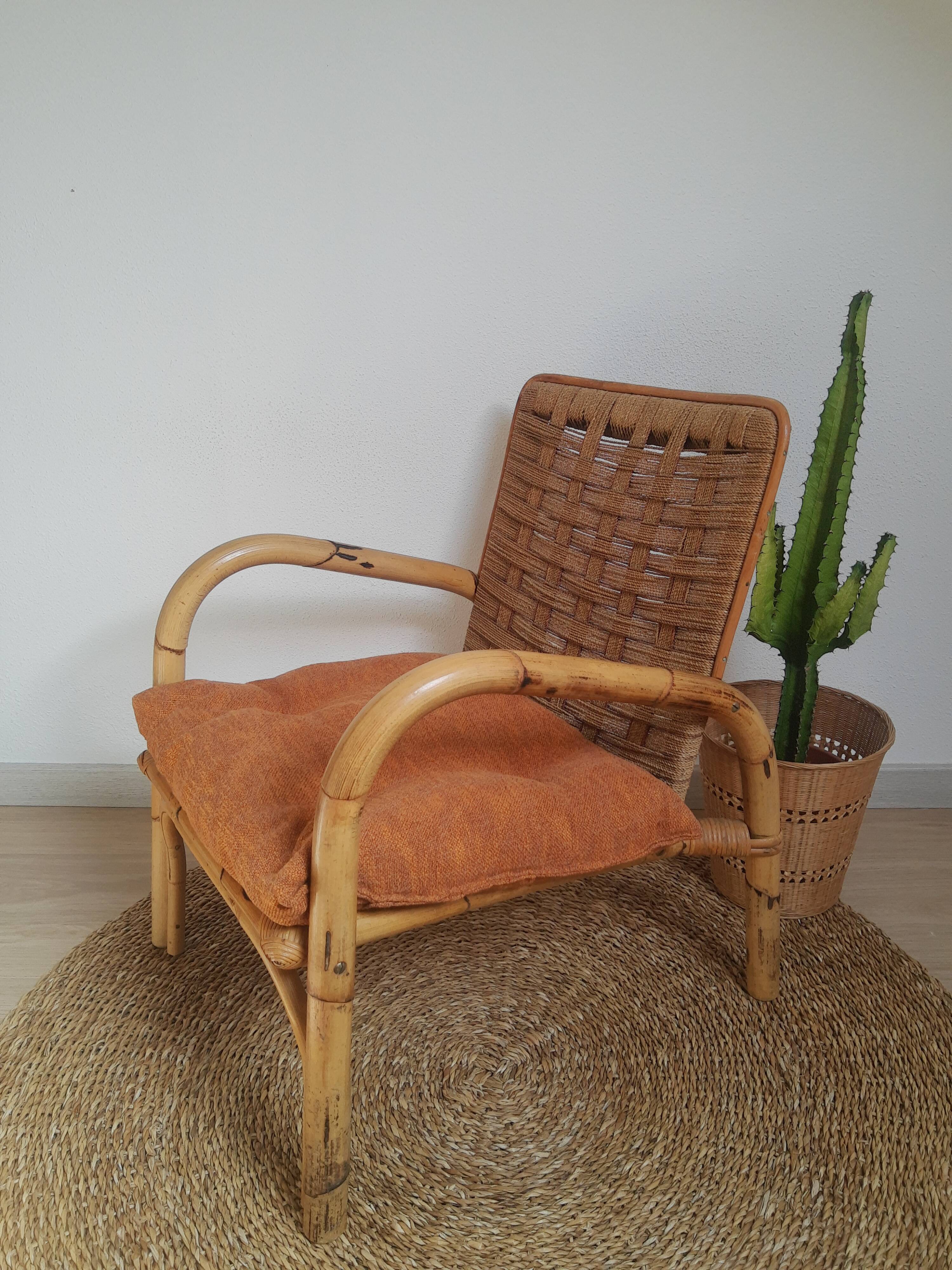 Vintage rattan and braided rope armchair