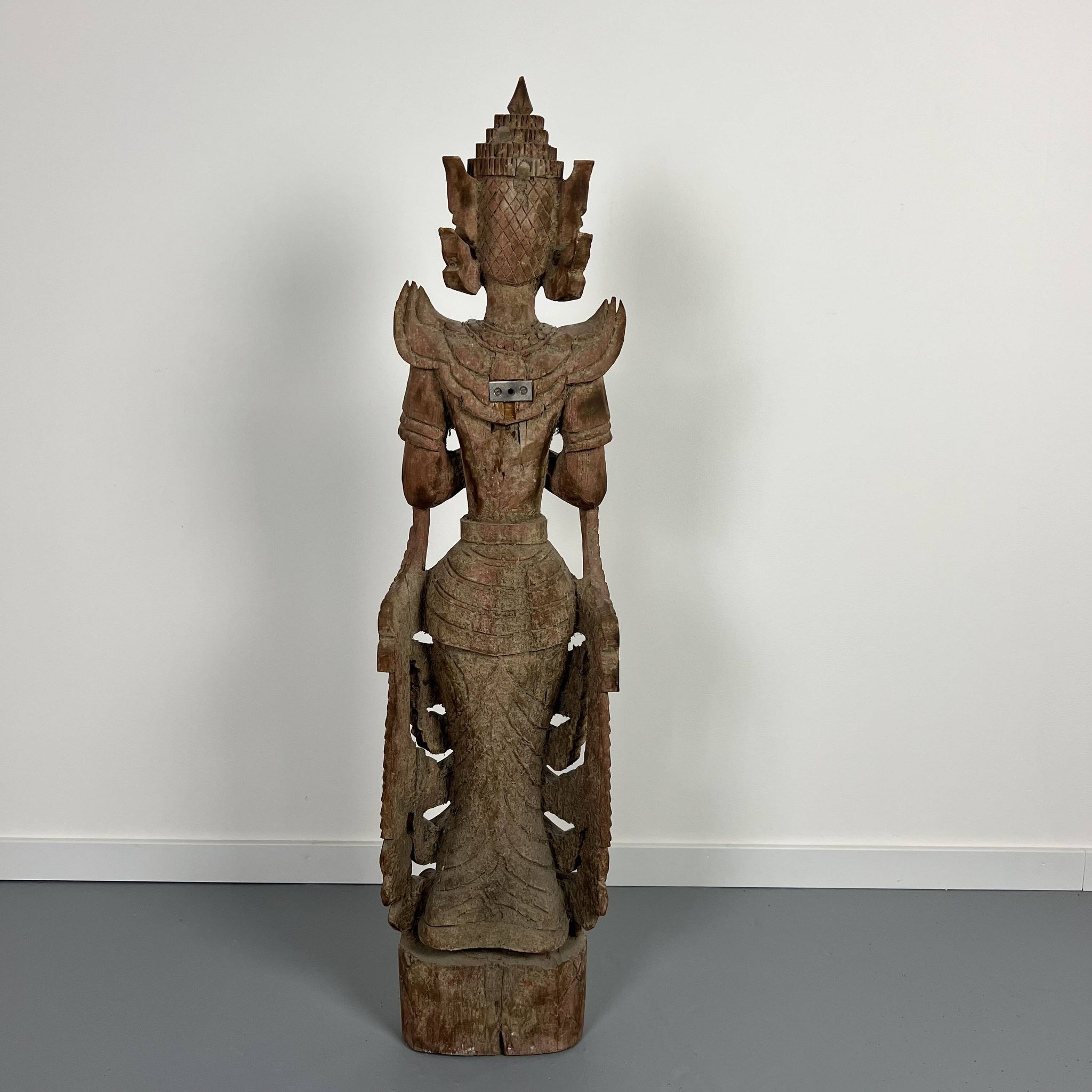 Large carved wooden statuette of a kinaree worshipping a devi. Thailand