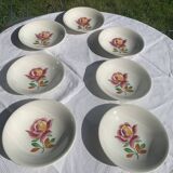 7 soup plates, Gien France, princess model, enameled ceramic floral pattern, roses, painted