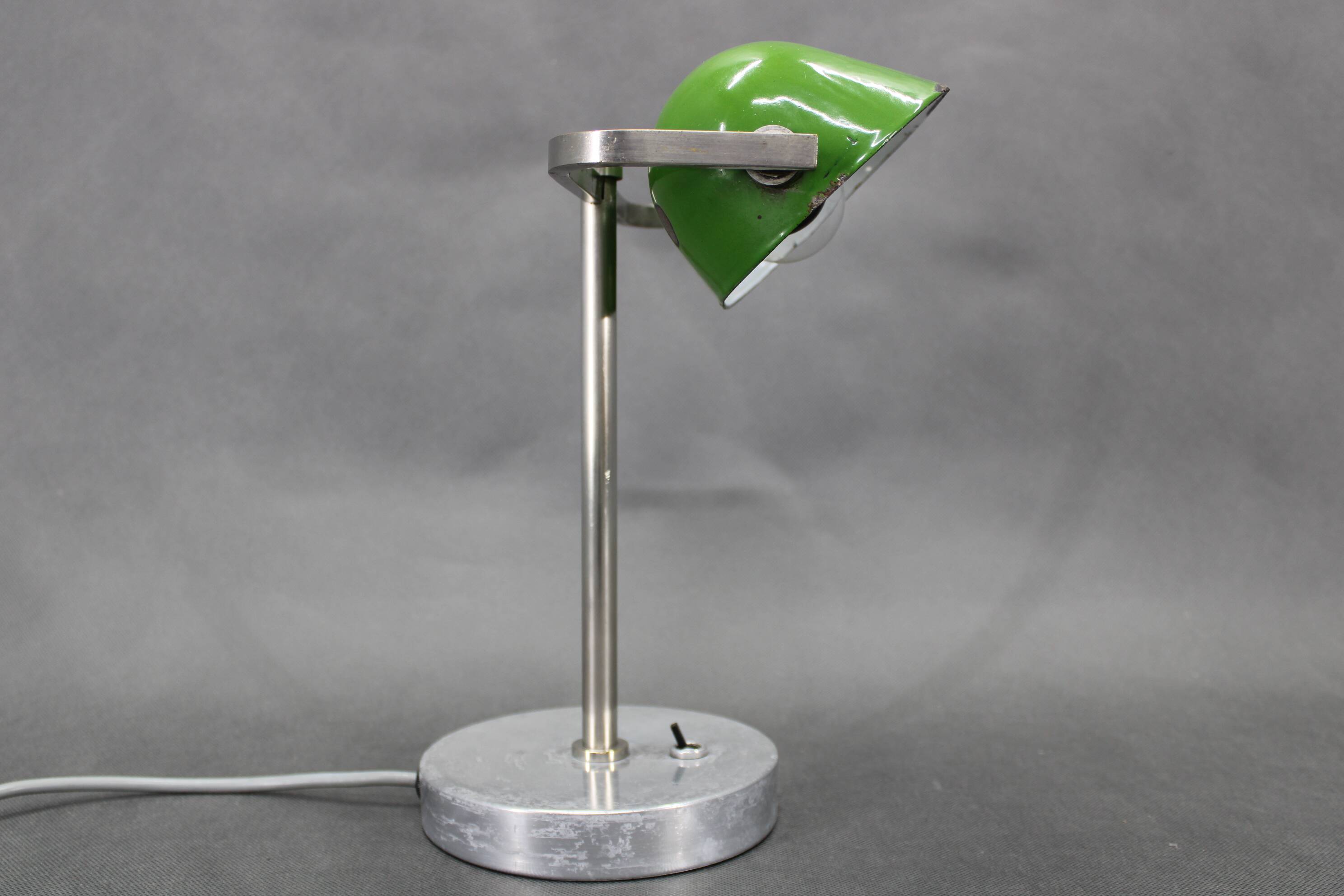 1940s Art Deco Nickel Banker Table Lamp, Czechoslovakia