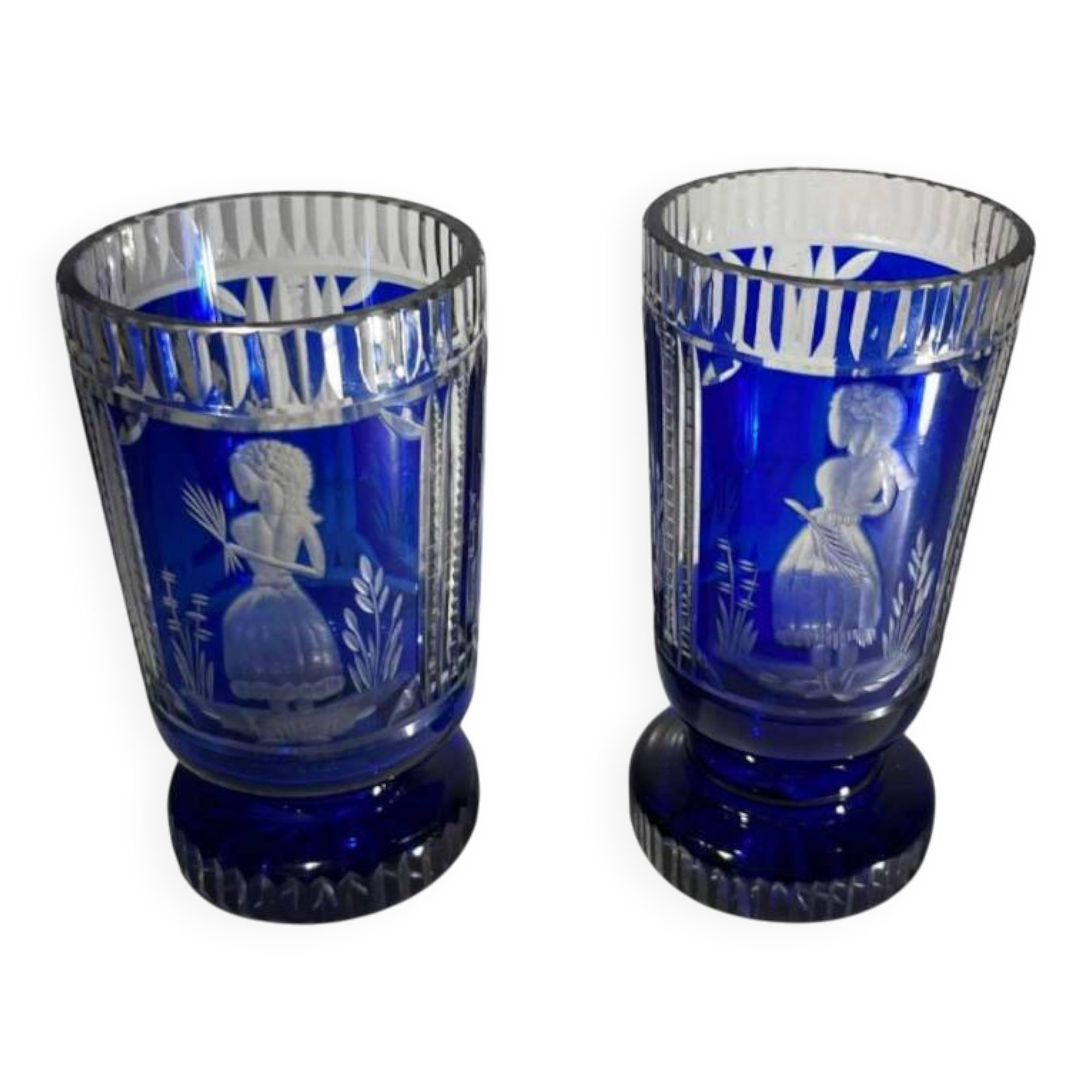 Bohemian crystal, set of 2 cobalt blue cut double glasses, ca 1900