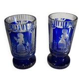 Cristal de Bohême, set de 2 verres doublé taillé bleu cobalt, ca 1900