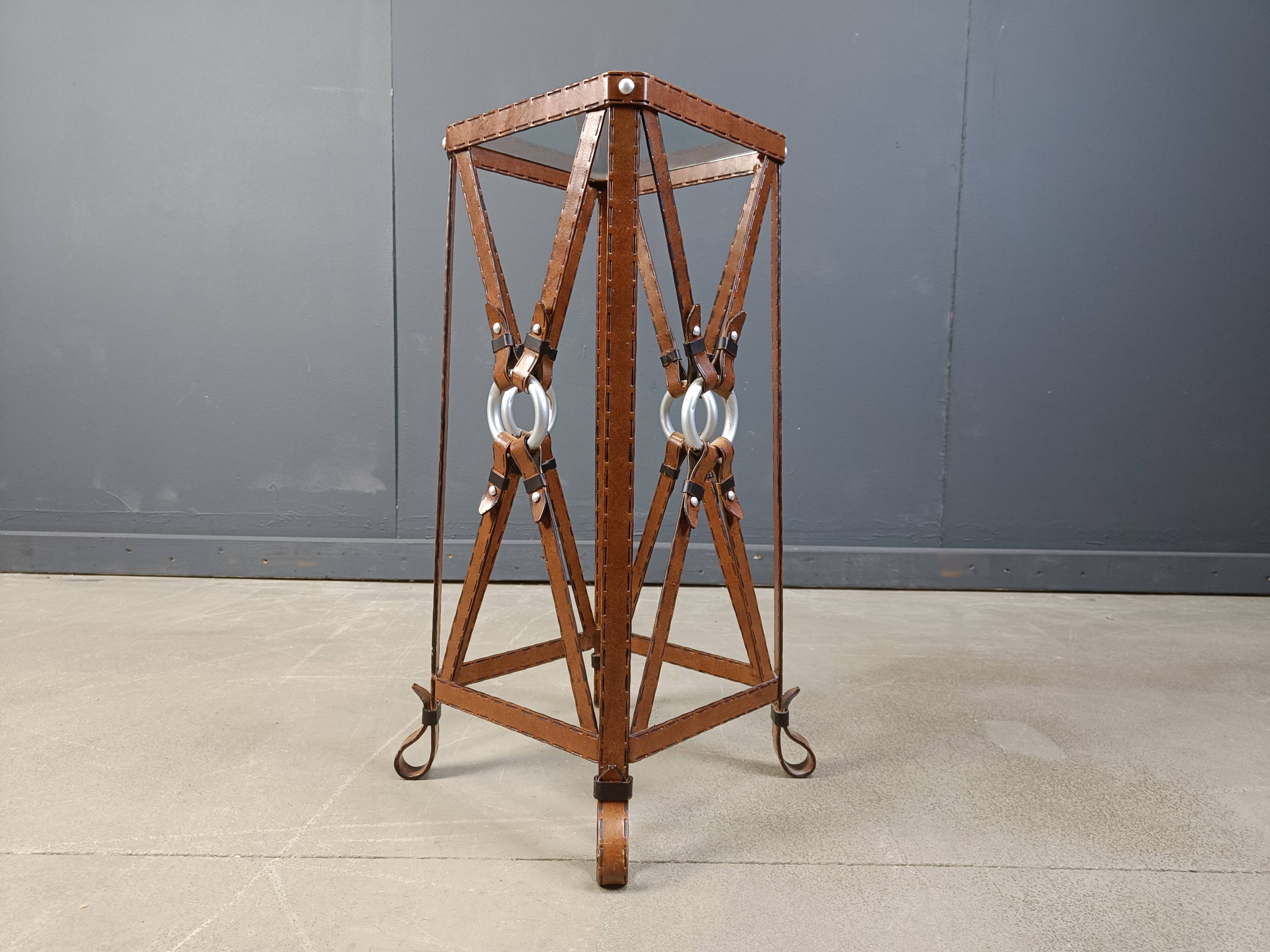 Iron Faux Leather Side Table in the style of Jacques Adnet