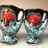 Old coquetiers signed Vallauris Turquoise and Red