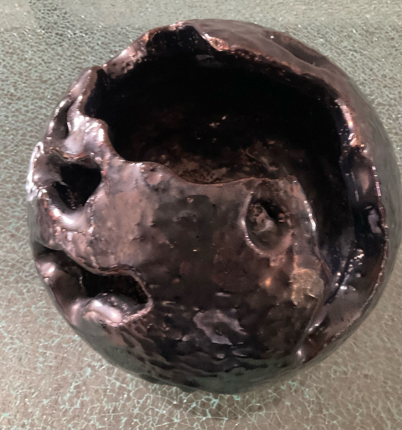 Large brutalist spherical vase in iridescent glazed terracotta