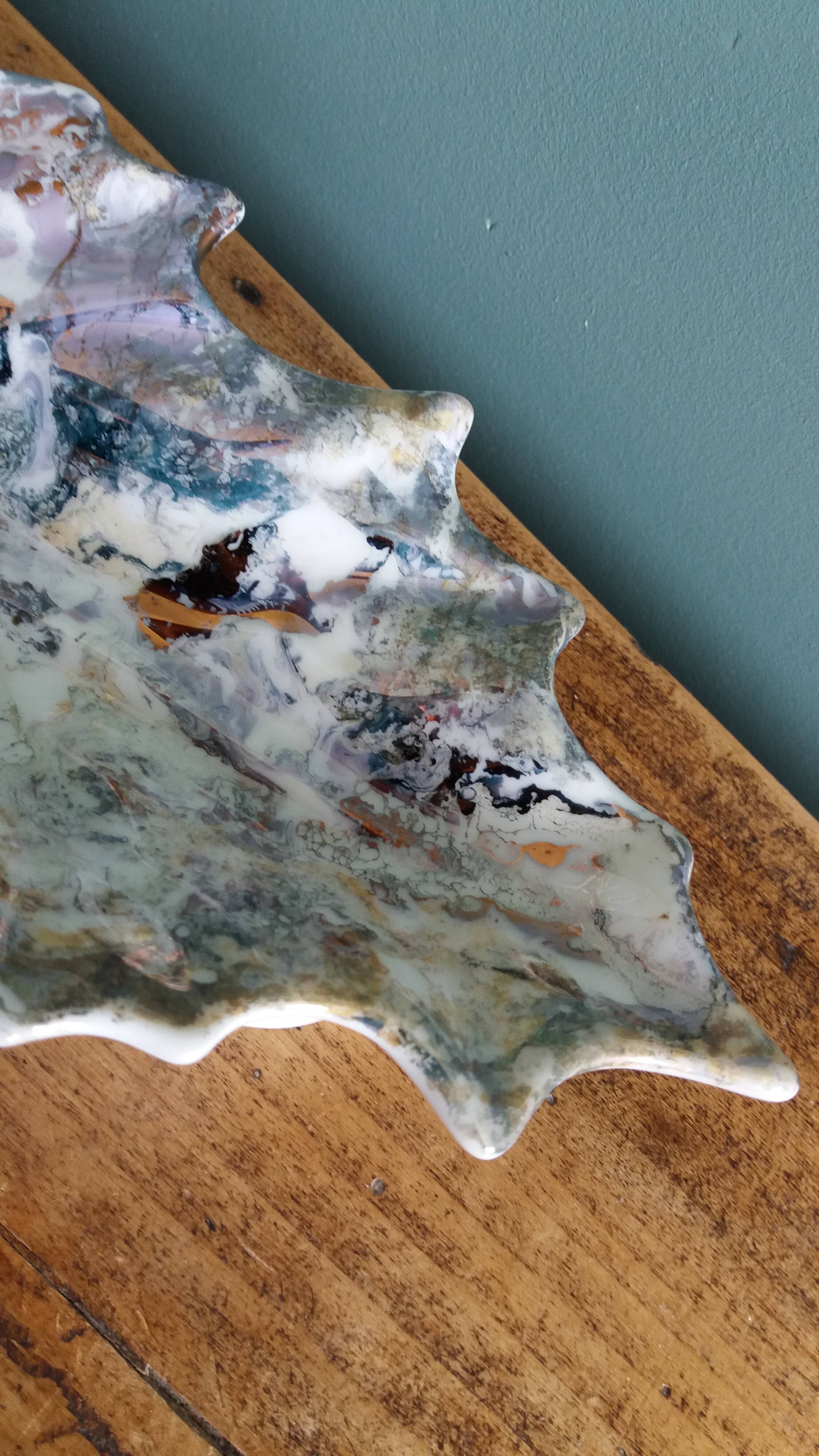 Iridescent enamelled leaf catchall, signed Gfredy.