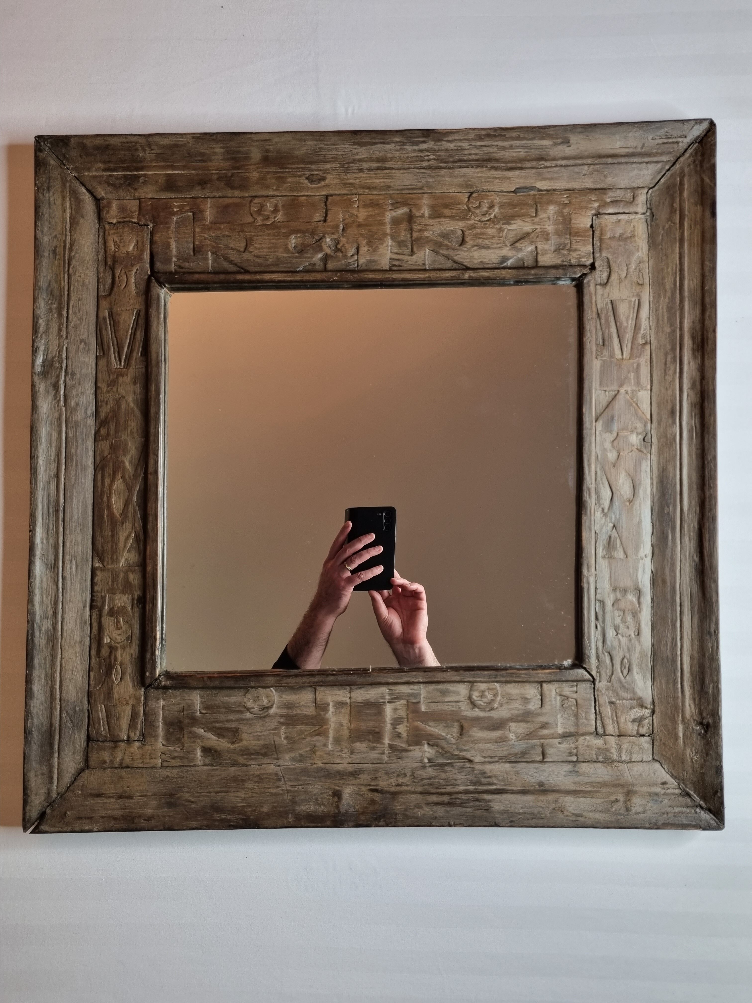 Old ethnic mirror in light wood, 62 cm