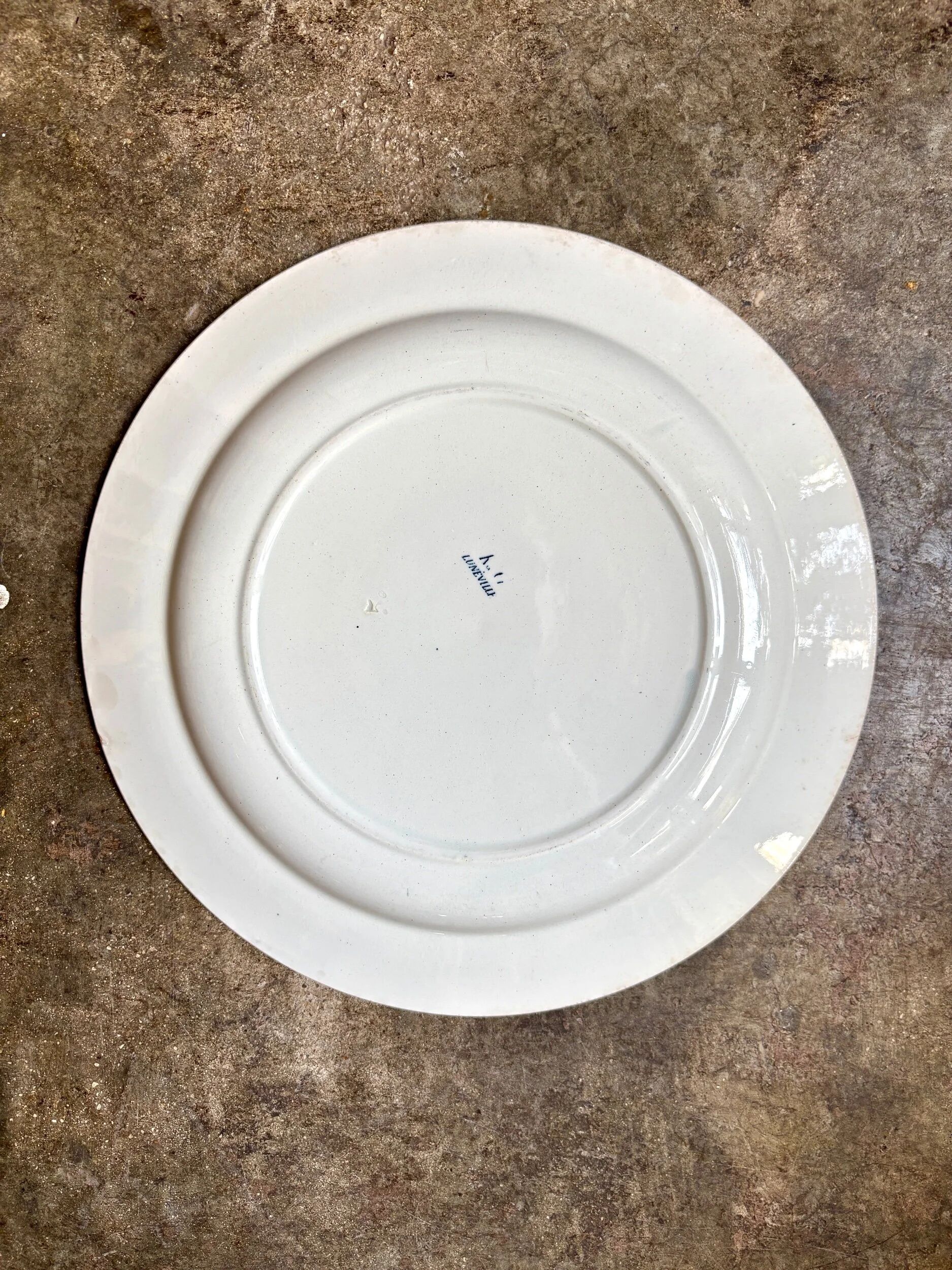Round flat dish Lunéville in blue ironstone, "Tulip" service.